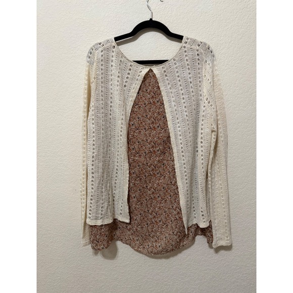 Catherines XL Layered Knit Crochet Sweater Top Floral Chiffon Hem Boho Peasant - Picture 2 of 5